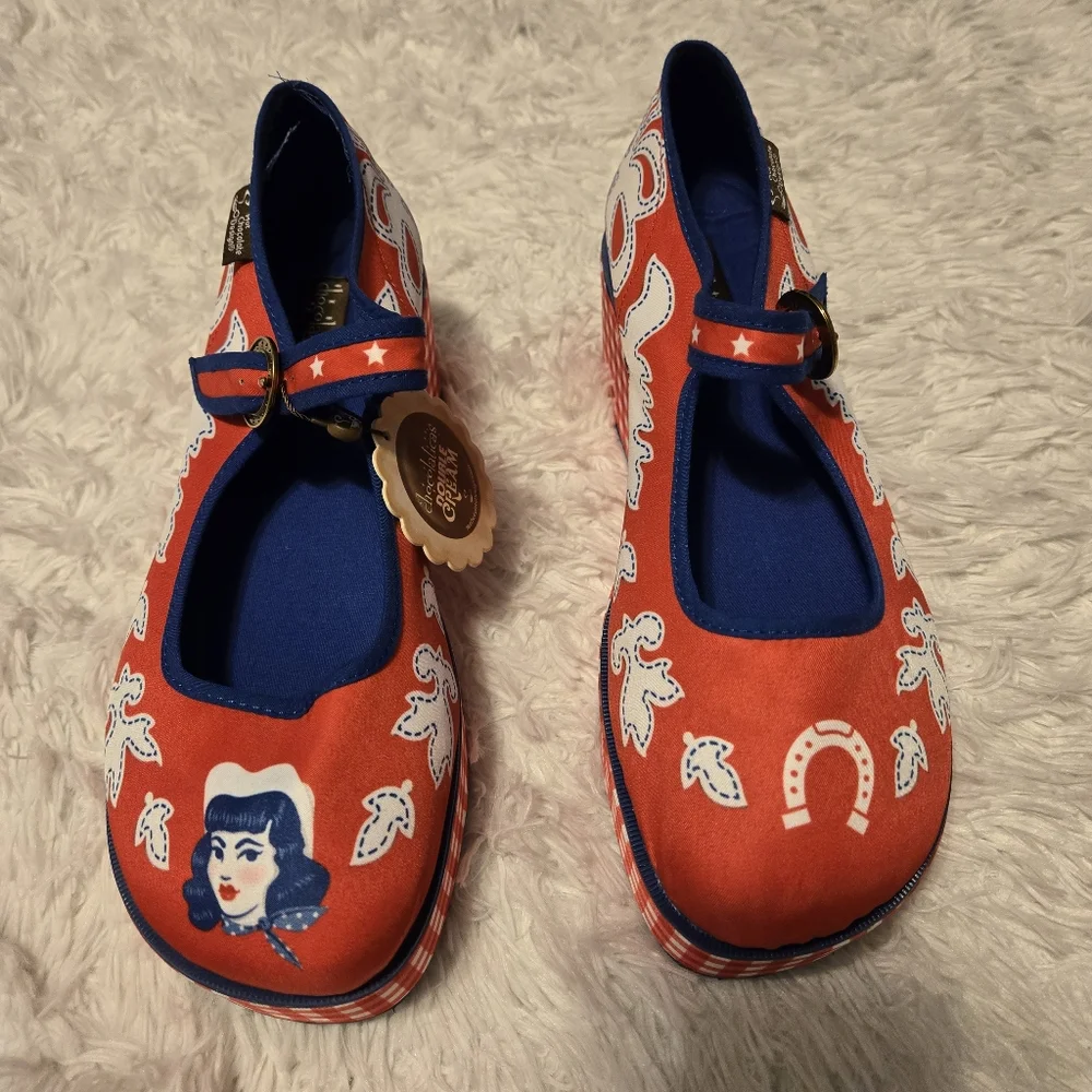 NWT Chocolaticas® Cowgirl Women's Mary Jane Platform Size 41 Color Red/Blue
